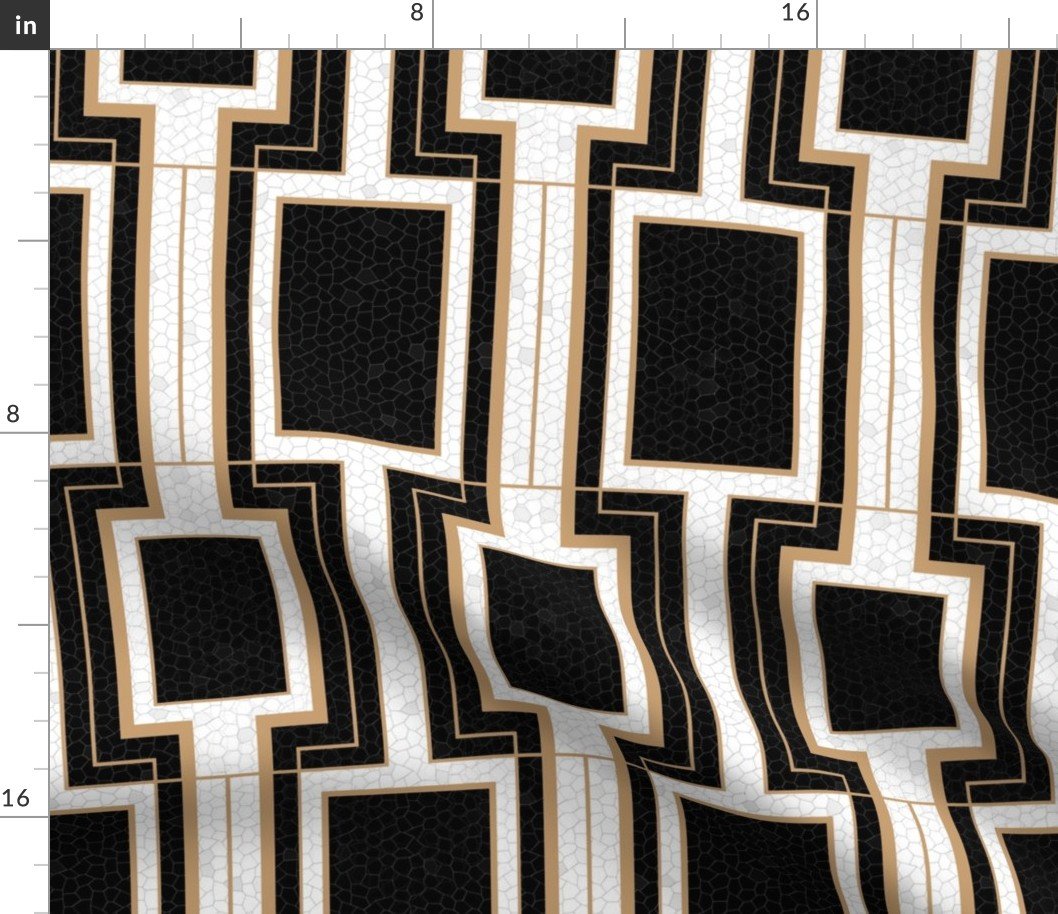 Small Art Deco Geometric Rectangles in Cracked Black and Faux Gold with Off-White Eggshell Craquelure Pattern Fabric