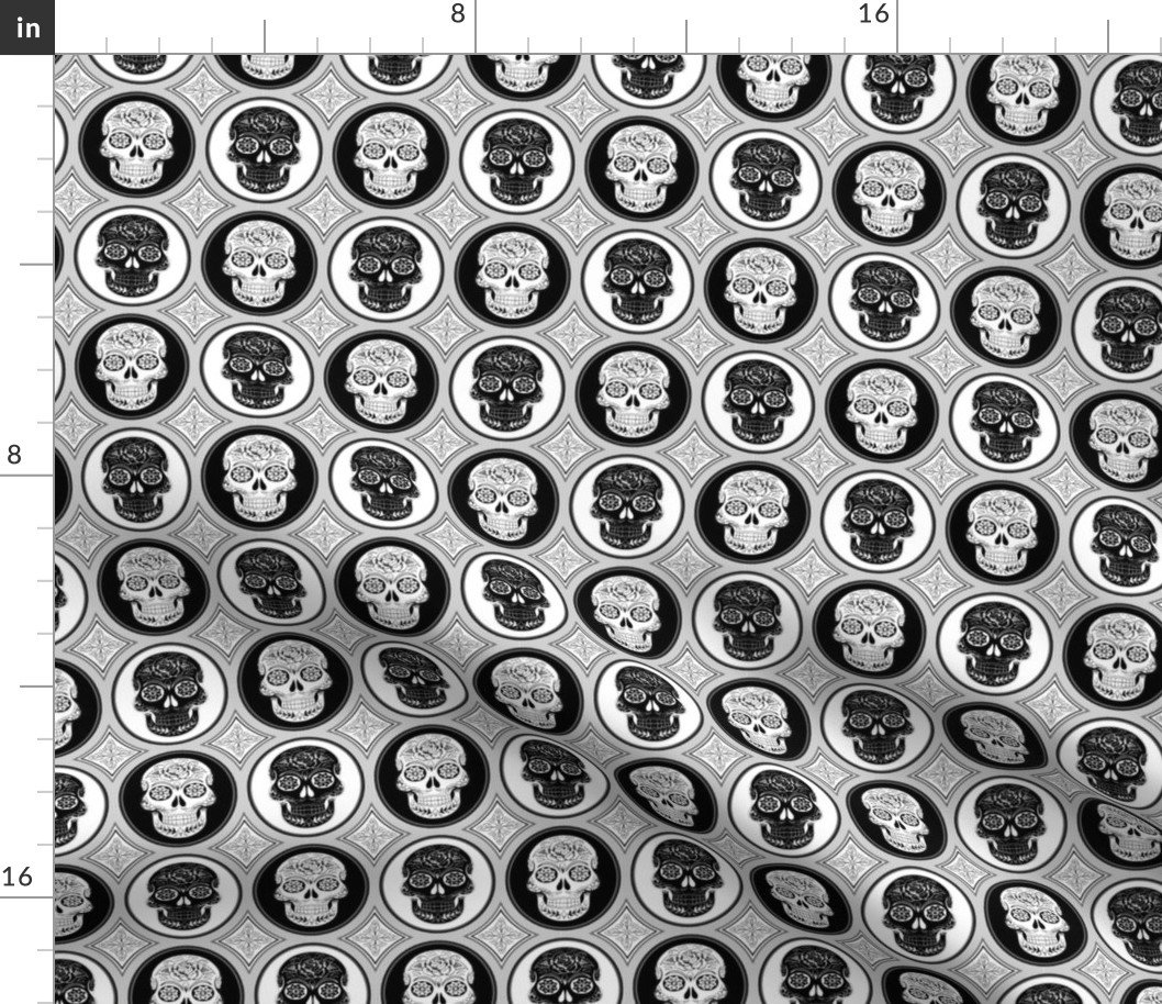 Small Black and White Skulls Calaveras Day of the Dead Dia de los Muertos Fabric