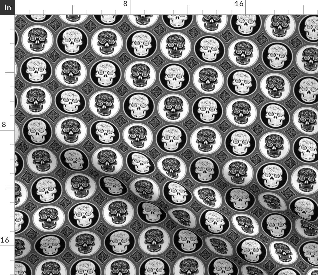 Small Black and White Skulls Calaveras Day of the Dead Dia de los Muertos Fabric