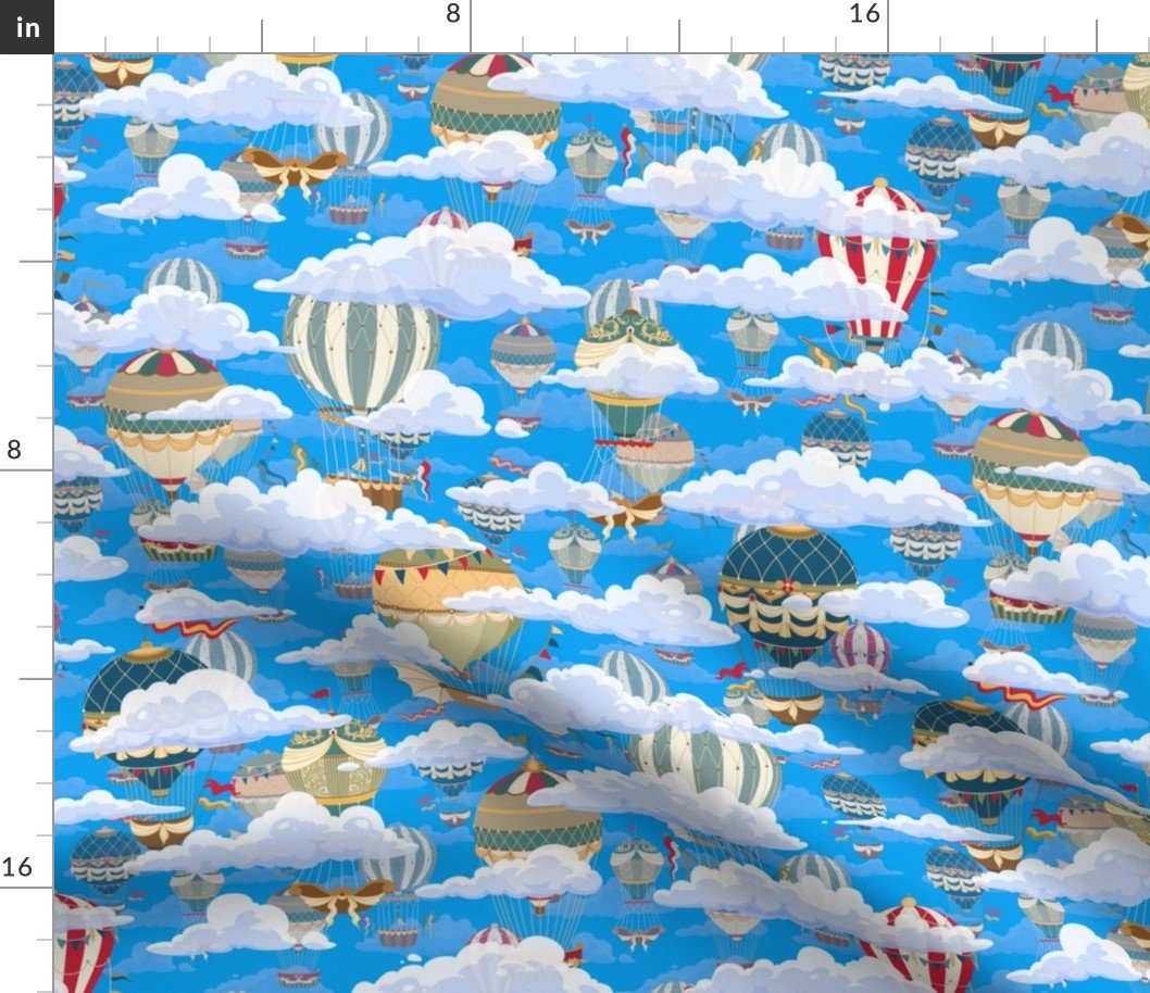 Small Blue Vintage Ornamental Winged Hot Air Helium Balloonsn Clouds Race Fabric
