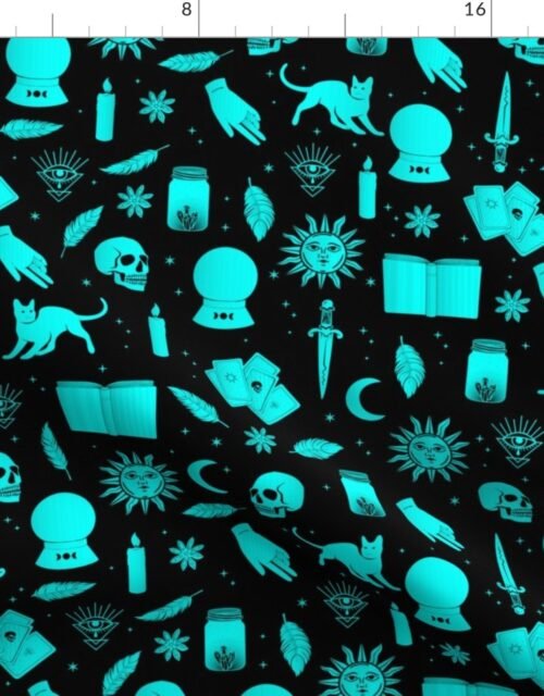 Small Bright Dayglo Aqua Halloween Motifs Skulls, Spells & Cats on Spooky Black Fabric