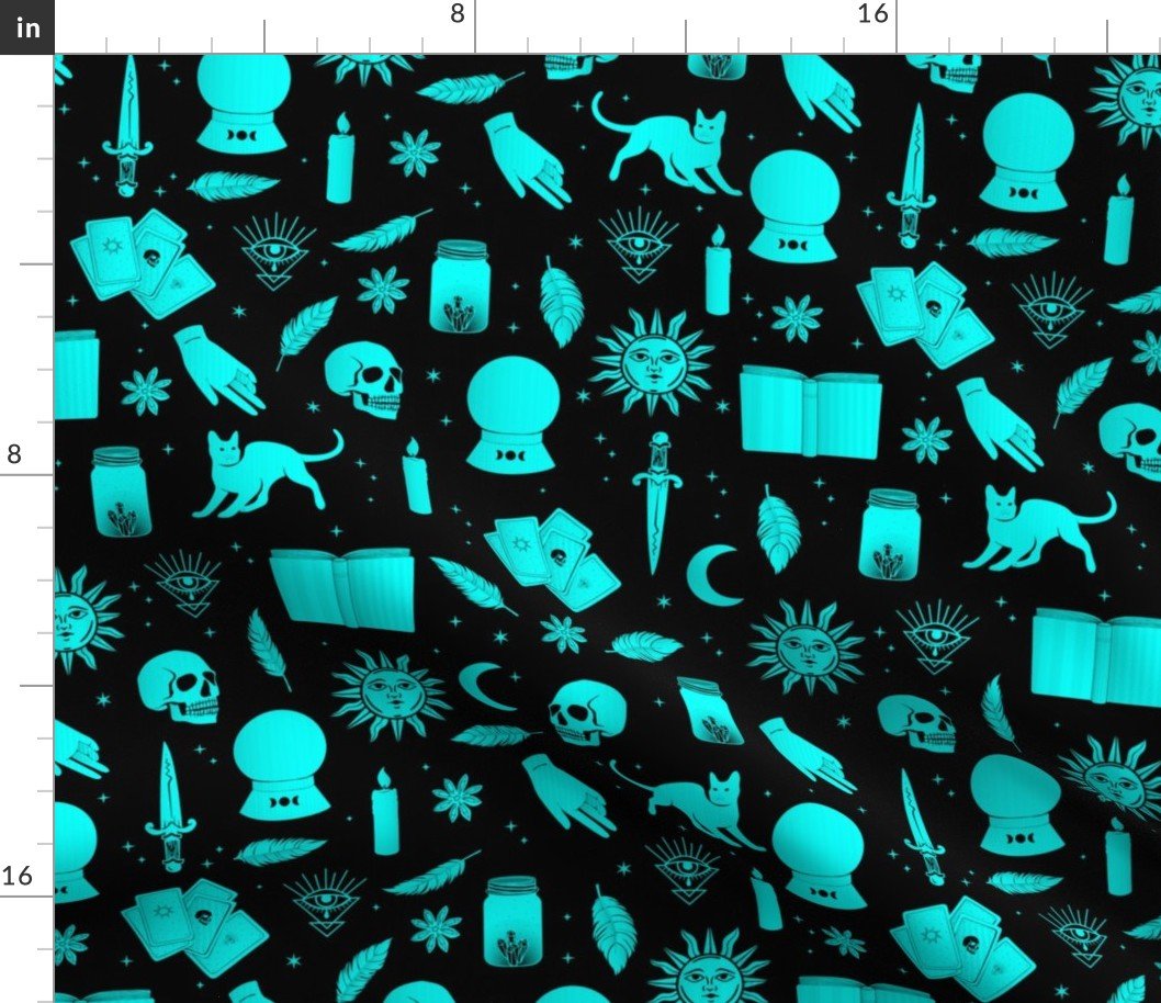 Small Bright Dayglo Aqua Halloween Motifs Skulls, Spells & Cats on Spooky Black Fabric