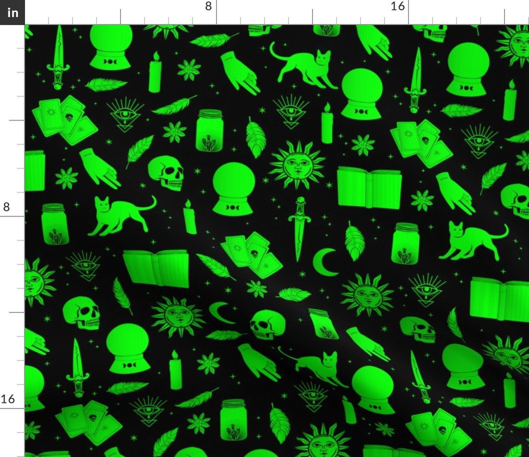 Small Bright Dayglo Green Halloween Motifs Skulls, Spells & Cats on Spooky Black Fabric