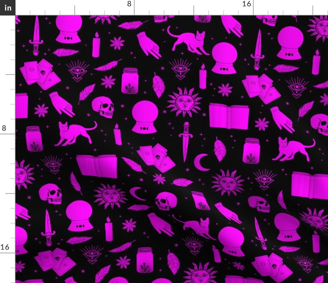 Small Bright Dayglo Pink Halloween Motifs Skulls, Spells & Cats on Spooky Black Fabric