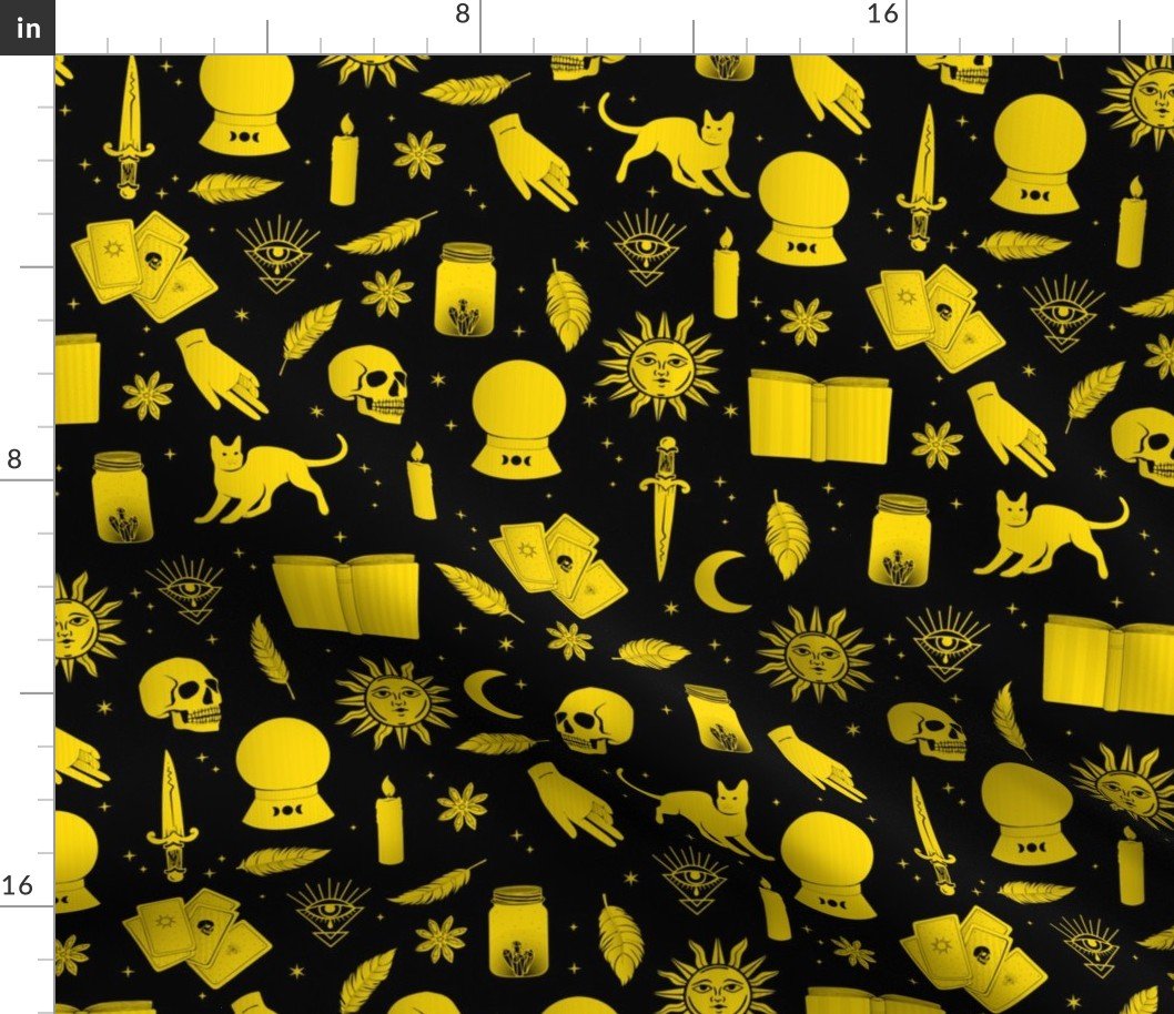 Small Bright Dayglo Yellow Halloween Motifs Skulls, Spells & Cats on Spooky Black Fabric