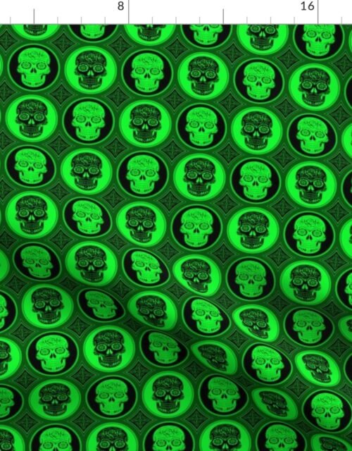 Small Bright Green and Black Skulls Calaveras Day of the Dead Dia de los Muertos Fabric