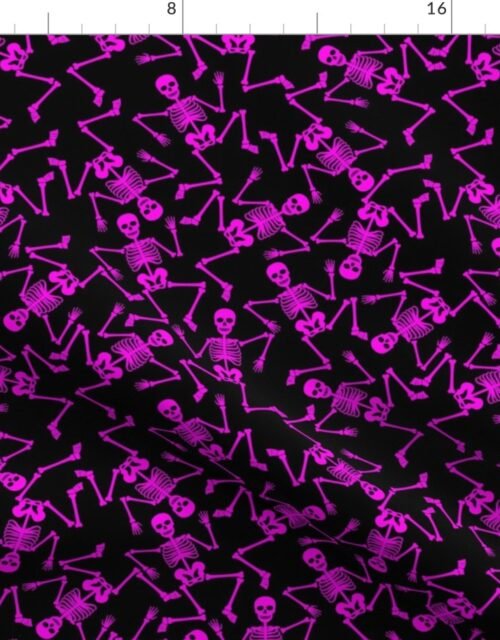 Small Bright Pink Dancing Halloween Skeletons Scattered On Black Fabric