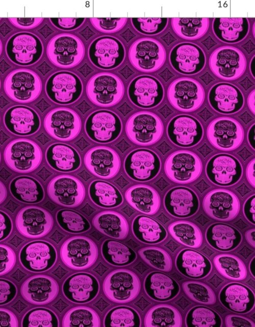 Small Bright Pink and Black Skulls Calaveras Day of the Dead Dia de los Muertos Fabric