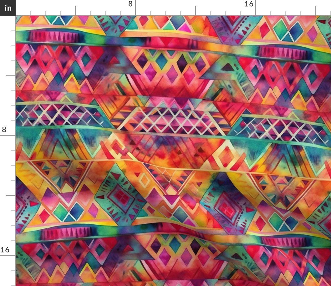 Small Bright Watercolor Aztec Geometric Pattern Fabric