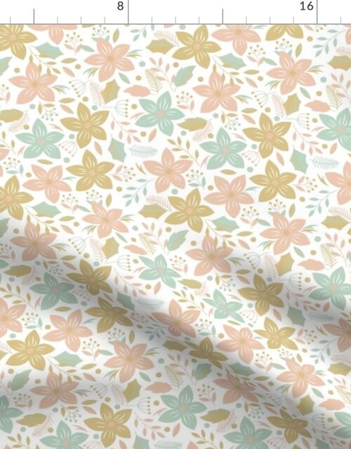 Small Christmas Pink , Mint and Pale Gold Poinsettias and Holly Repeat on Snow White Fabric