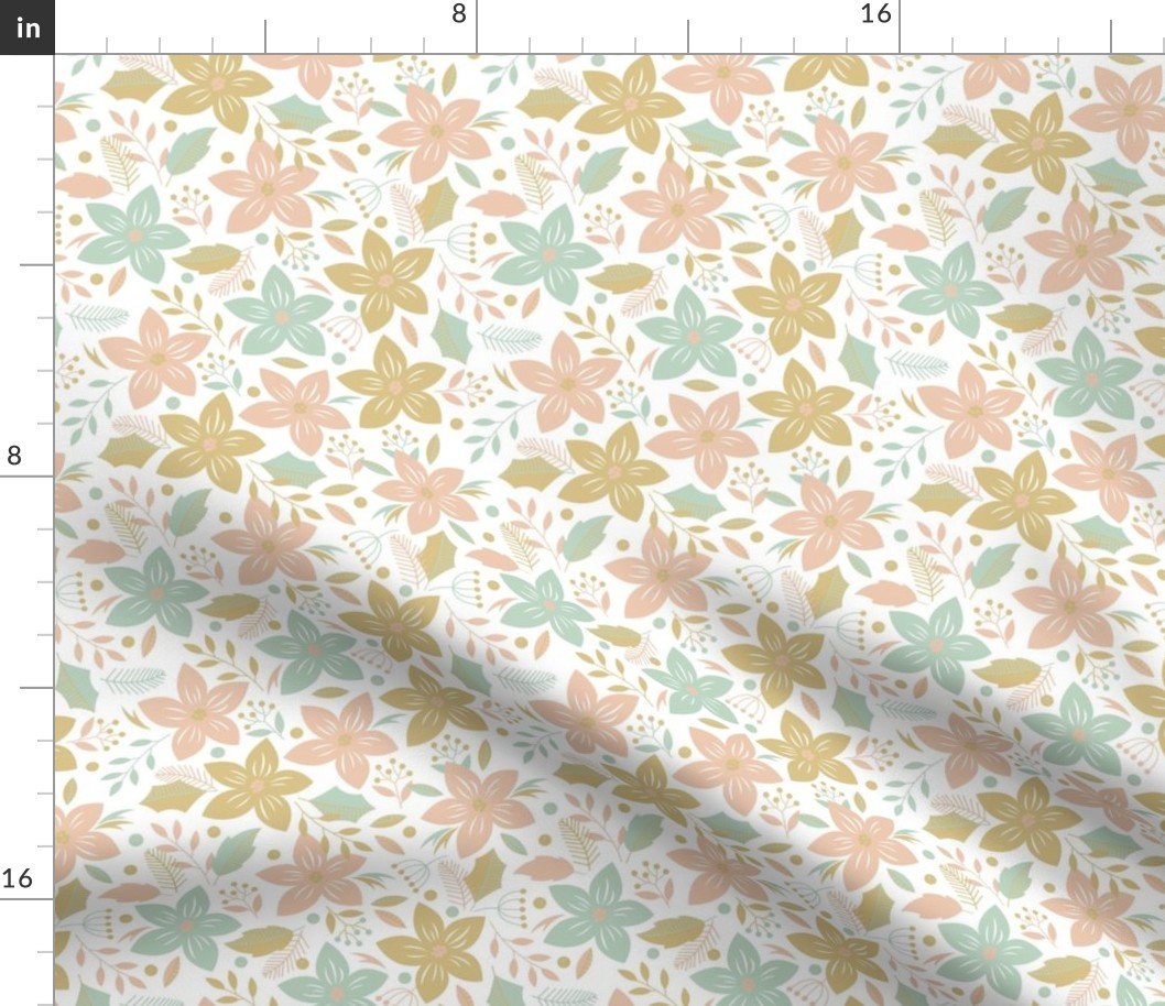 Small Christmas Pink , Mint and Pale Gold Poinsettias and Holly Repeat on Snow White Fabric