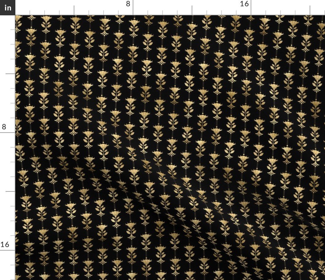 Small Damask Motifs in Black and Gold Vintage Faux Foil Art Deco Vintage Foil Pattern Fabric