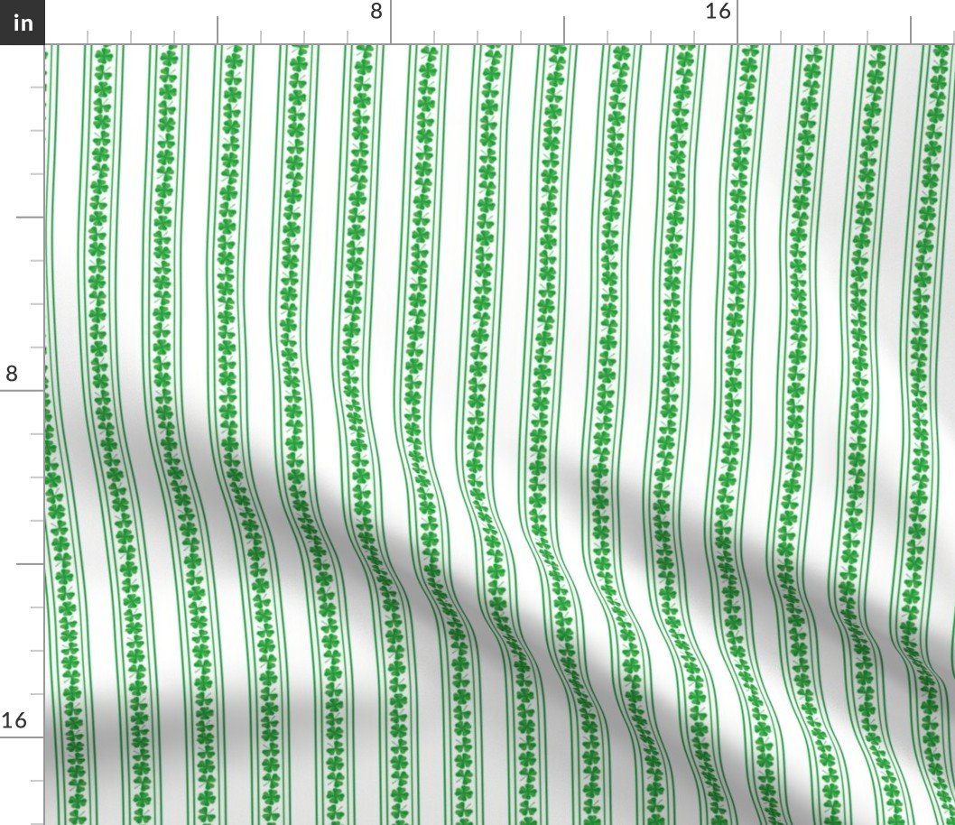Small Double Striped St. Patricks 3 and 4-Leafed Shamrocks in Kelly Green on White Fabric