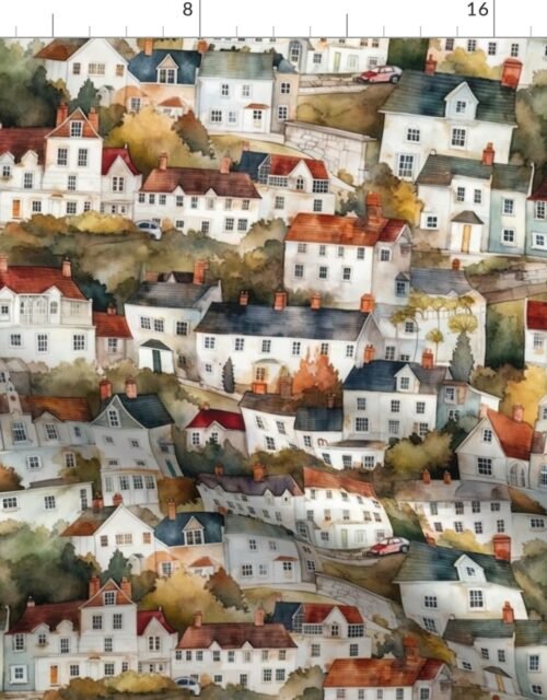 Small English Town Houses in Watercolor Fabric