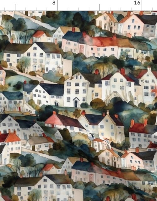 Small English Village Houses in Watercolor Fabric