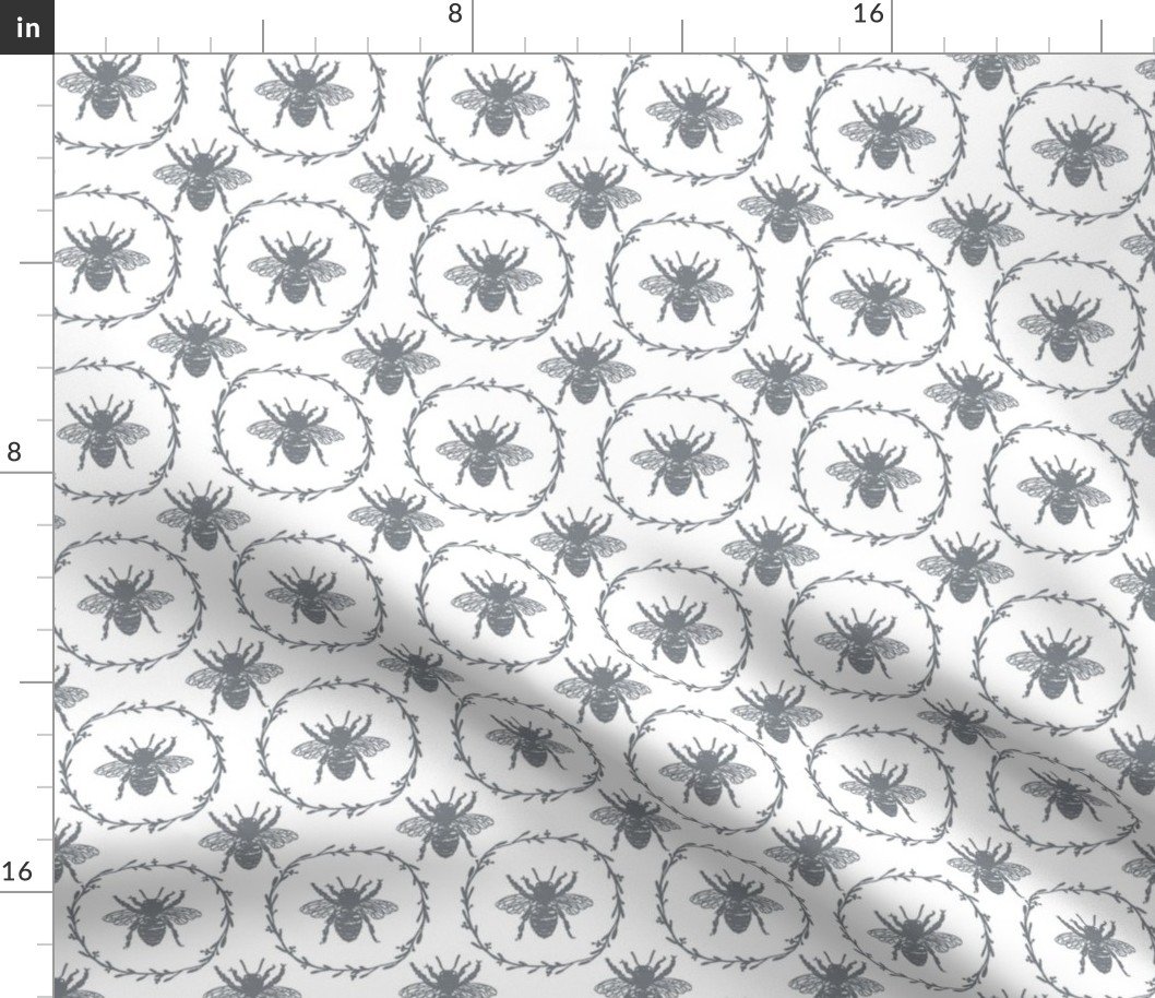 Small French Provincial Bees in Laurel Wreaths in Grey Blue on White Fabric