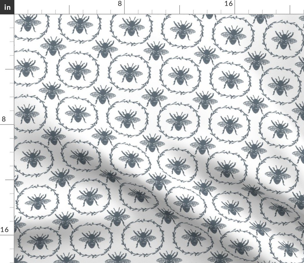 Small French Provincial Bees in Laurel Wreaths in Ice Blue on White Fabric