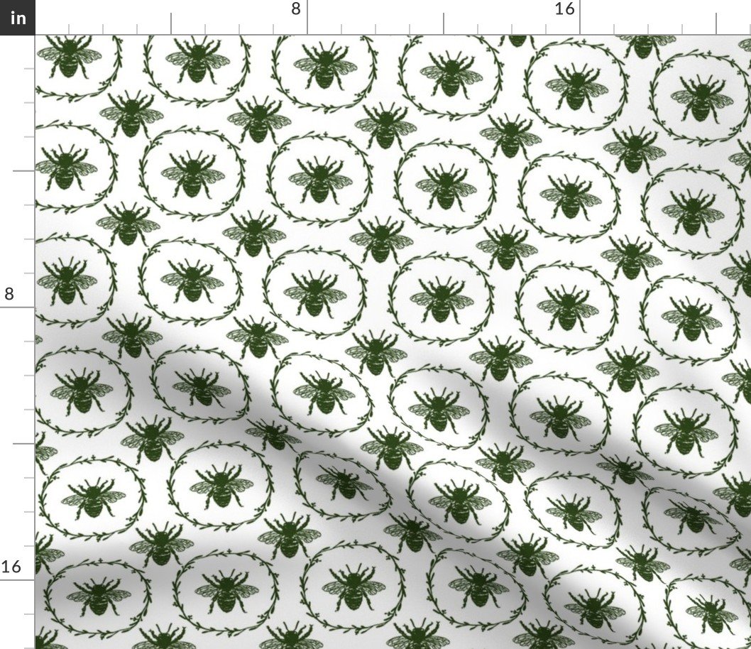 Small French Provincial Bees in Laurel Wreaths in Lichen Green on White Fabric