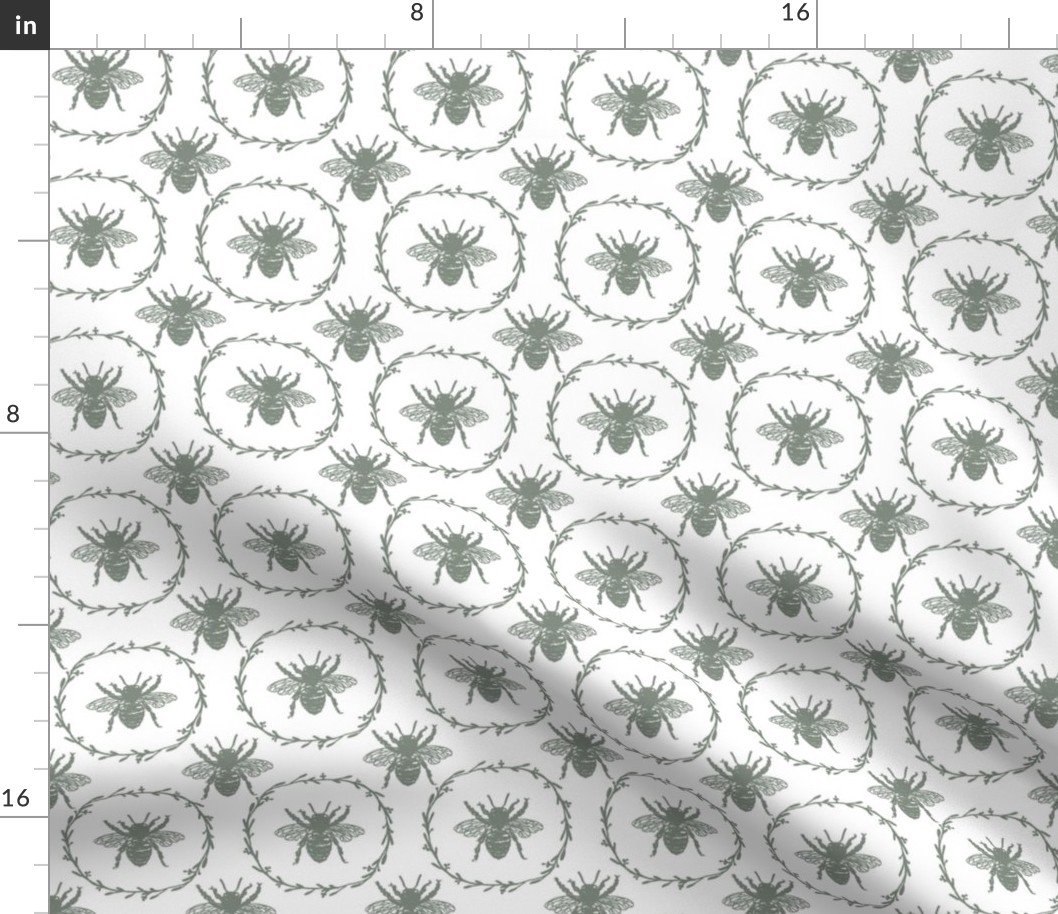 Small French Provincial Bees in Laurel Wreaths in Sage Green on White Fabric