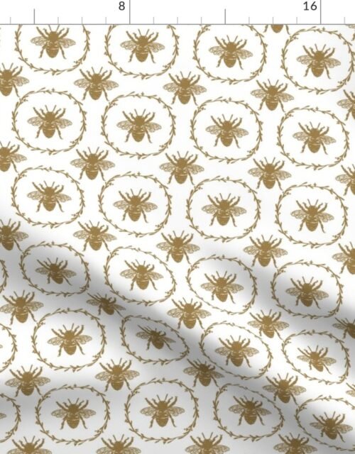 Small French Provincial Bees in Laurel Wreaths in Tan on White Fabric