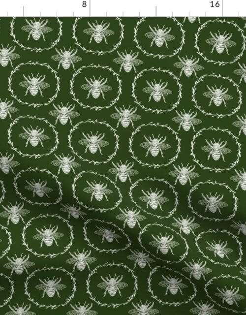 Small French Provincial Bees in Laurel Wreaths in White on Lichen Green Fabric