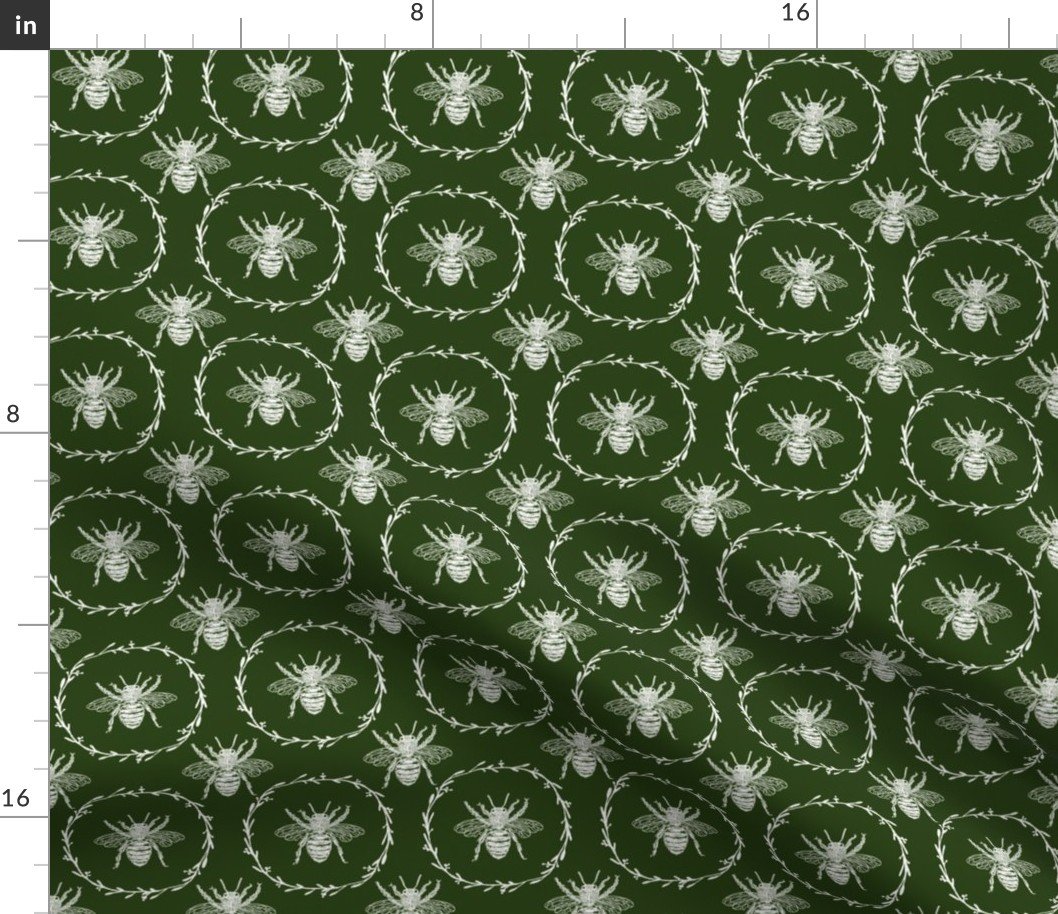 Small French Provincial Bees in Laurel Wreaths in White on Lichen Green Fabric
