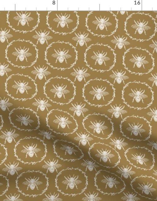 Small French Provincial Bees in Laurel Wreaths in White on Tan Fabric
