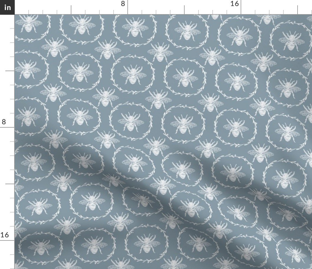 Small French Provincial Bees in Laurel Wreaths in White on Winter Blue Fabric