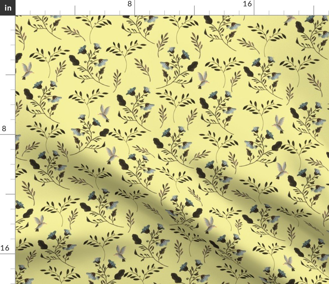 Small Handpainted Bluebells and Bluebirds Floral Pattern Flowers in Butter Yellow Fabric