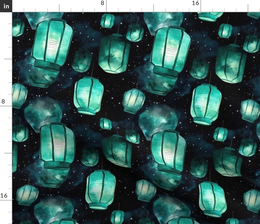 Small Jade Green Glowing Chinese Paper Lanterns Watercolor Fabric