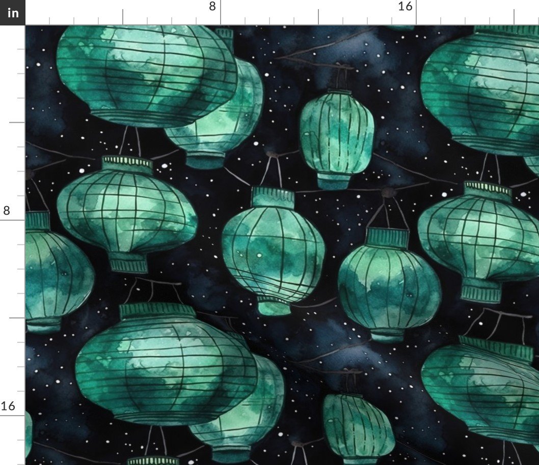 Small Jade Green Glowing Chinese Paper Lanterns Watercolor Fabric