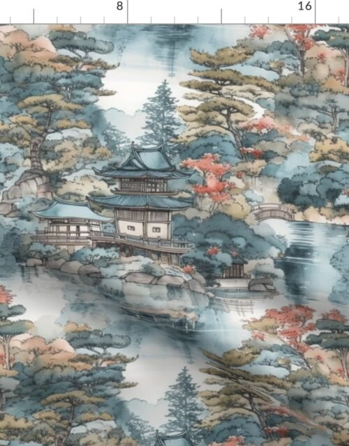 Small Japanese Water Garden Watercolor Fabric
