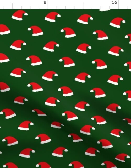 Small Jolly Old Saint Nick Red Santa Christmas Hats on Forest Green Fabric