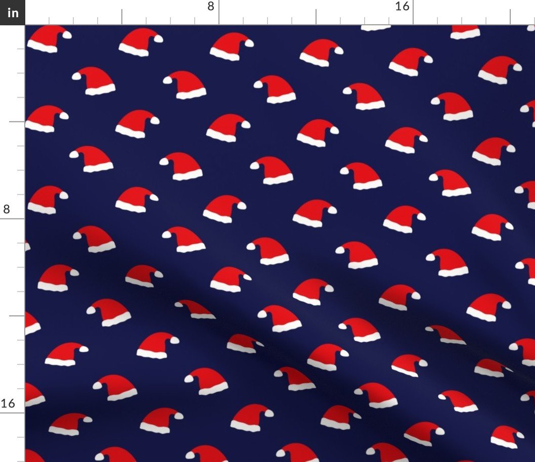 Small Jolly Old Saint Nick Red Santa Christmas Hats on  Midnight Blue Fabric