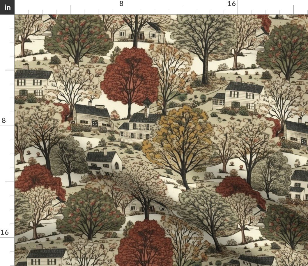 Small New England Village Houses with Trees in Muted Colors Fabric