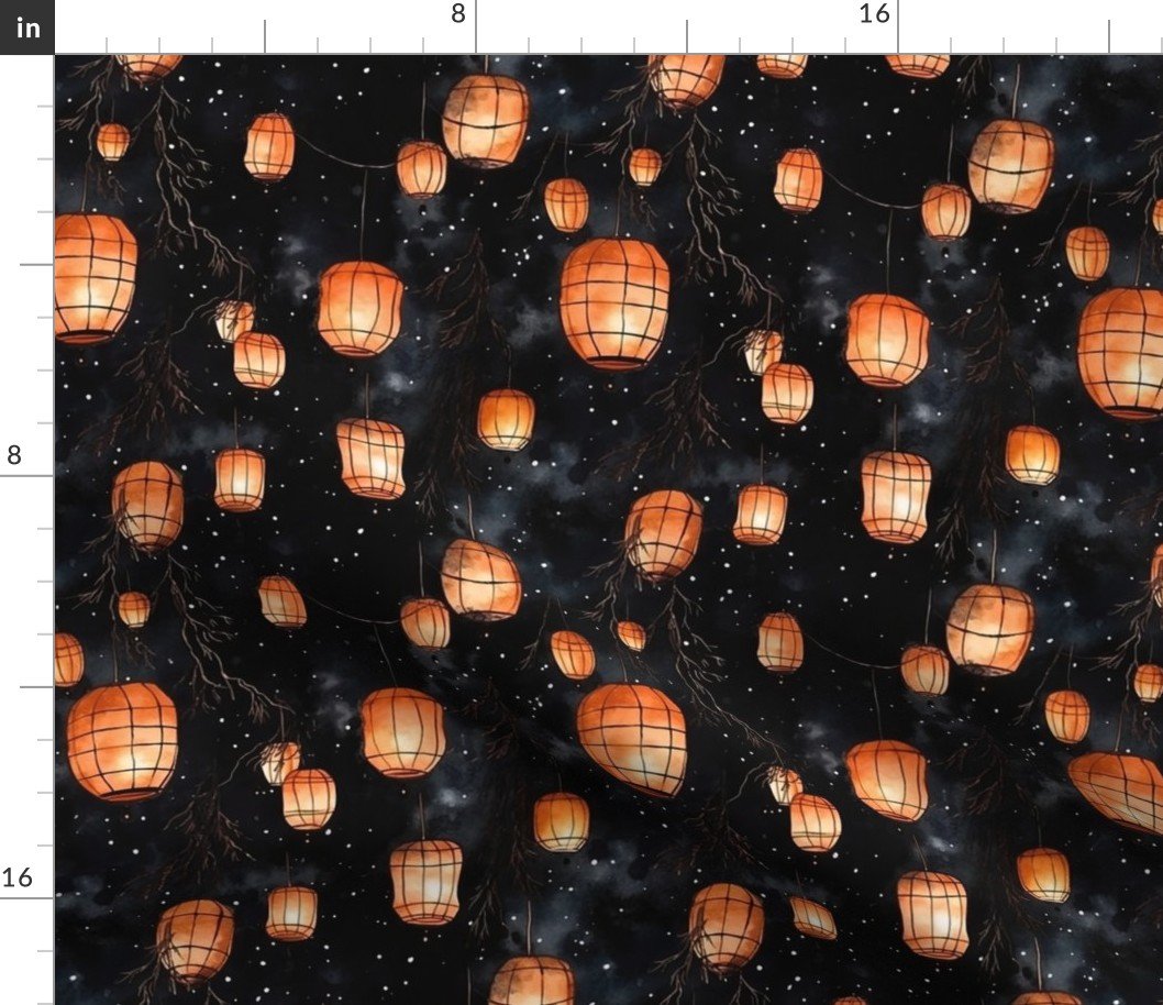 Small Orange Glowing Chinese Paper Lanterns Watercolor Fabric