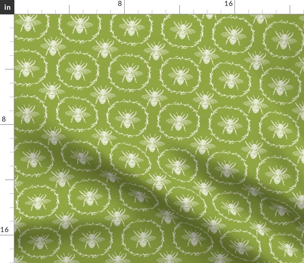Small Provincial Bees in Laurel Wreaths in White on Grass Green Fabric
