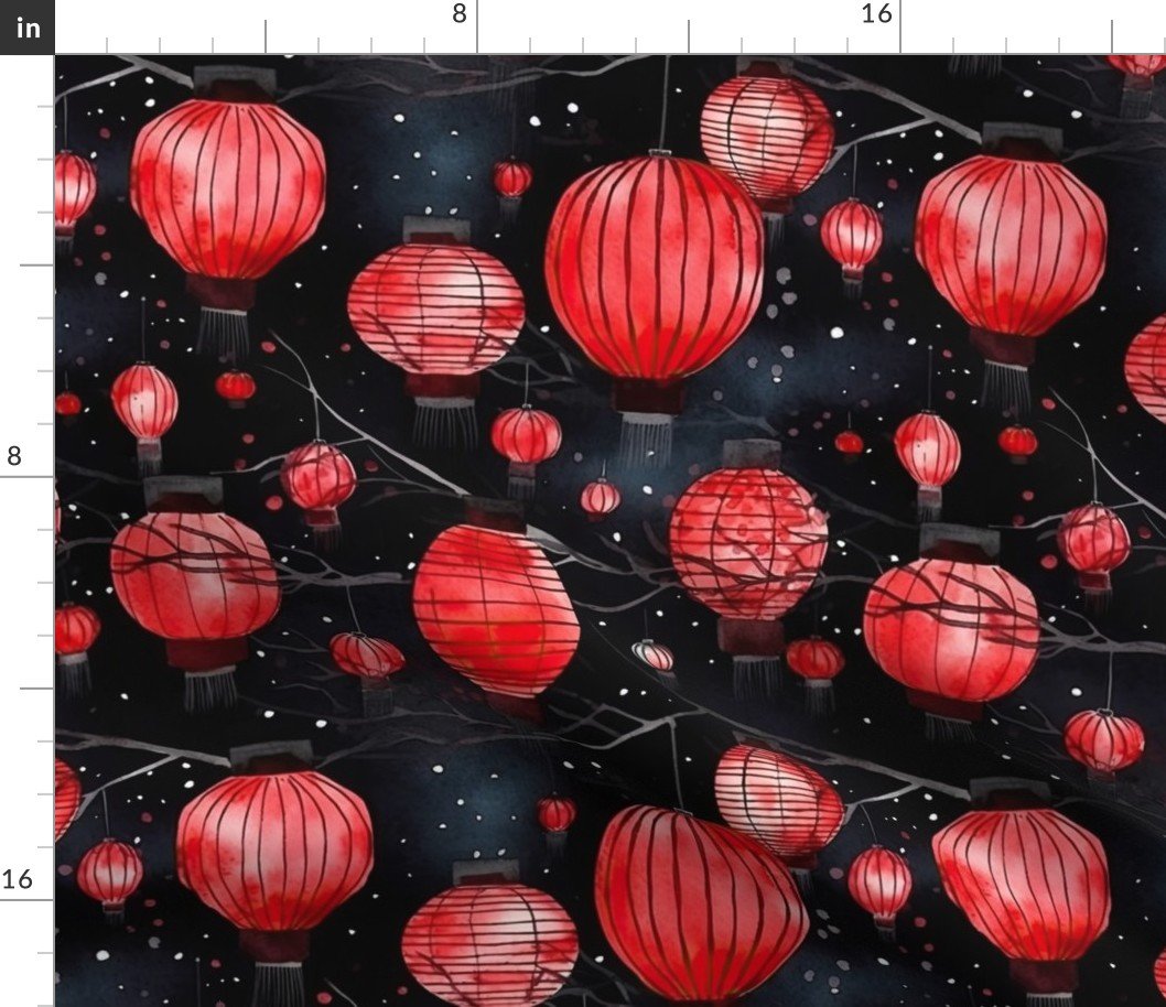 Small Red Glowing Chinese Paper Lanterns Watercolor Fabric