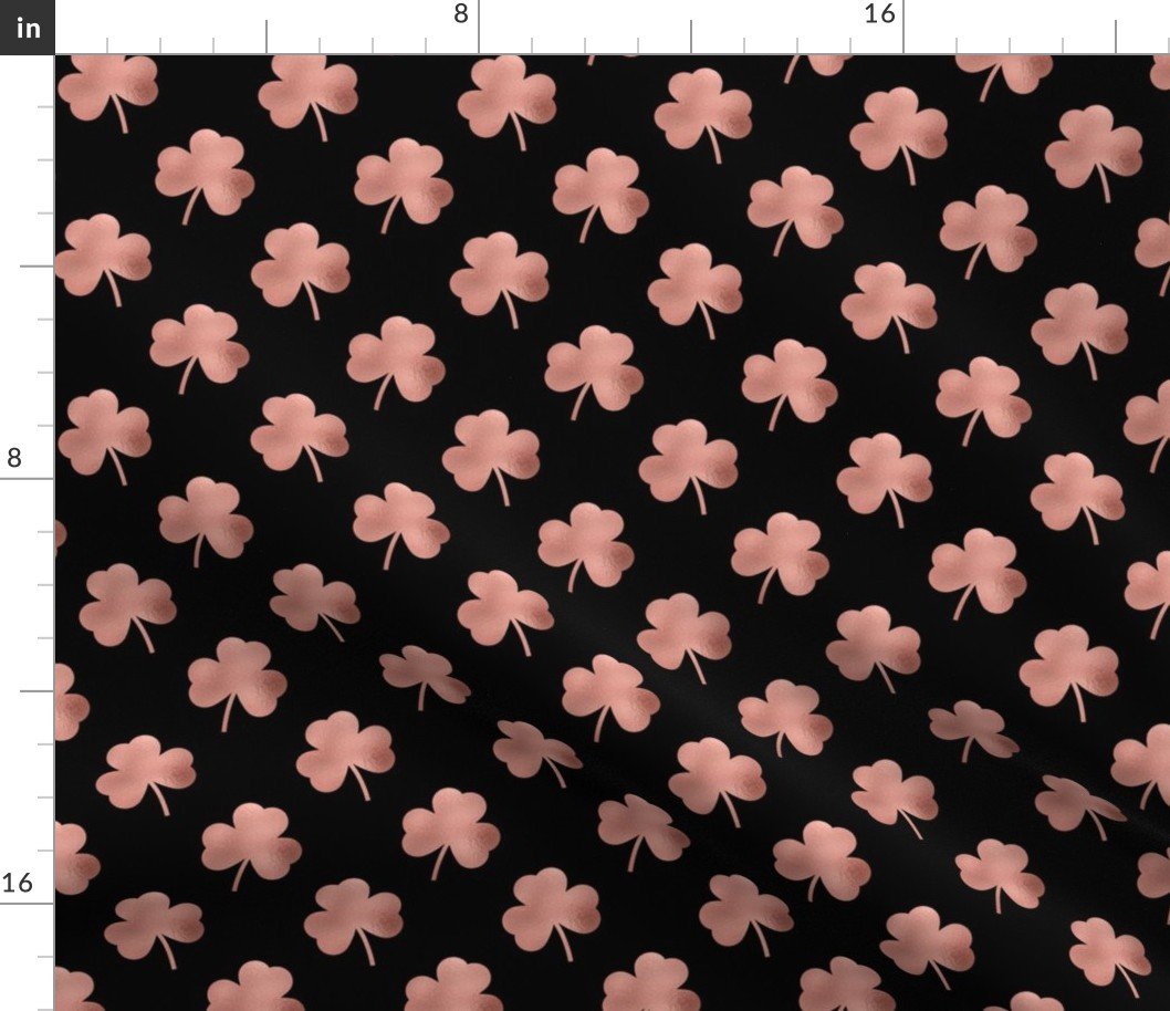 Small Rose Gold Faux Foil Heart-Shaped Clover on Black St. Patricks Day Fabric