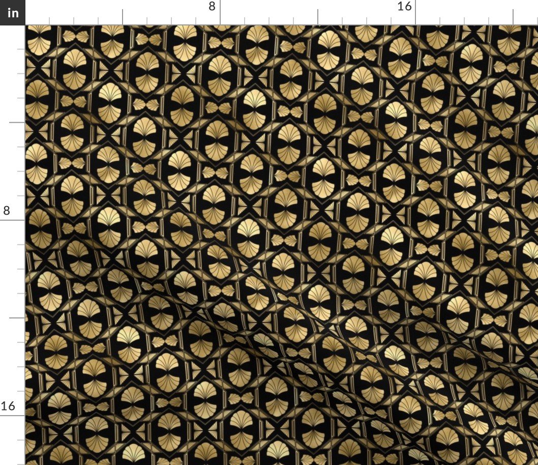 Small Scallop Shells in Black and Gold Art Deco Vintage Foil Pattern Fabric