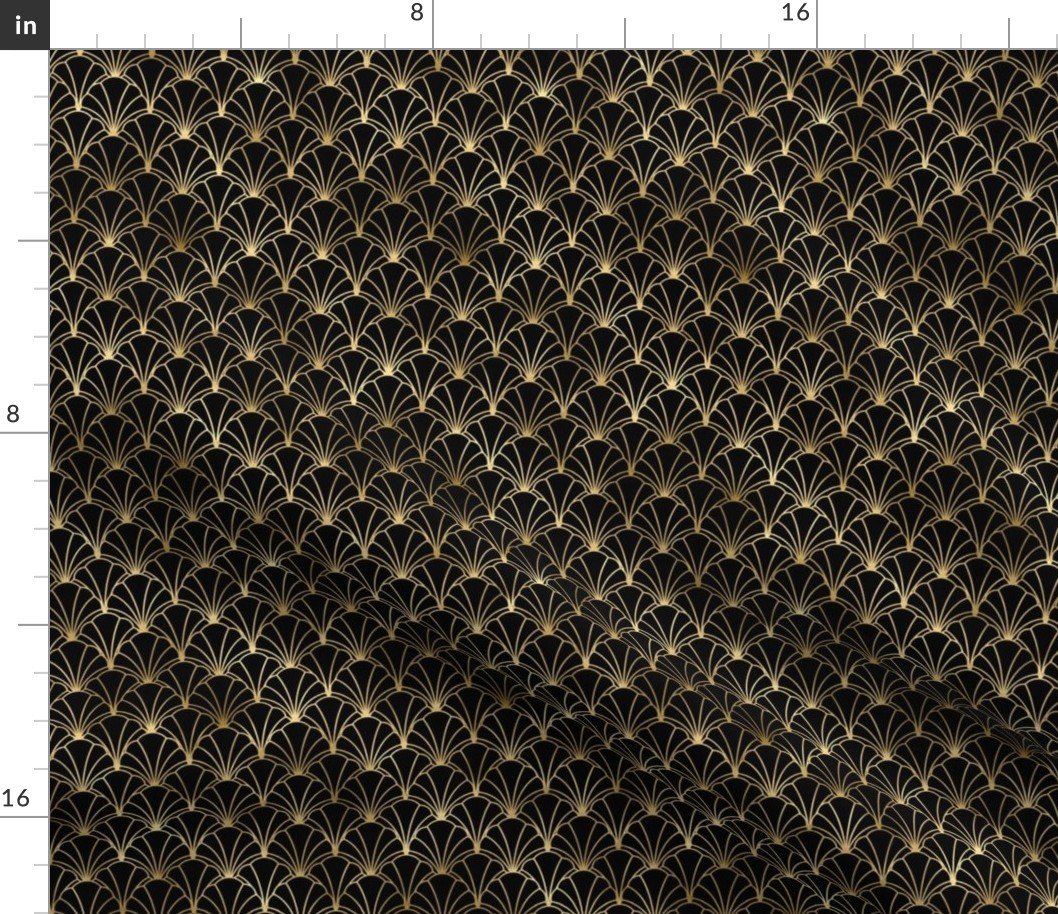 Small Scallop Shells in Black and Gold Art Deco Vintage Foil Pattern Fabric
