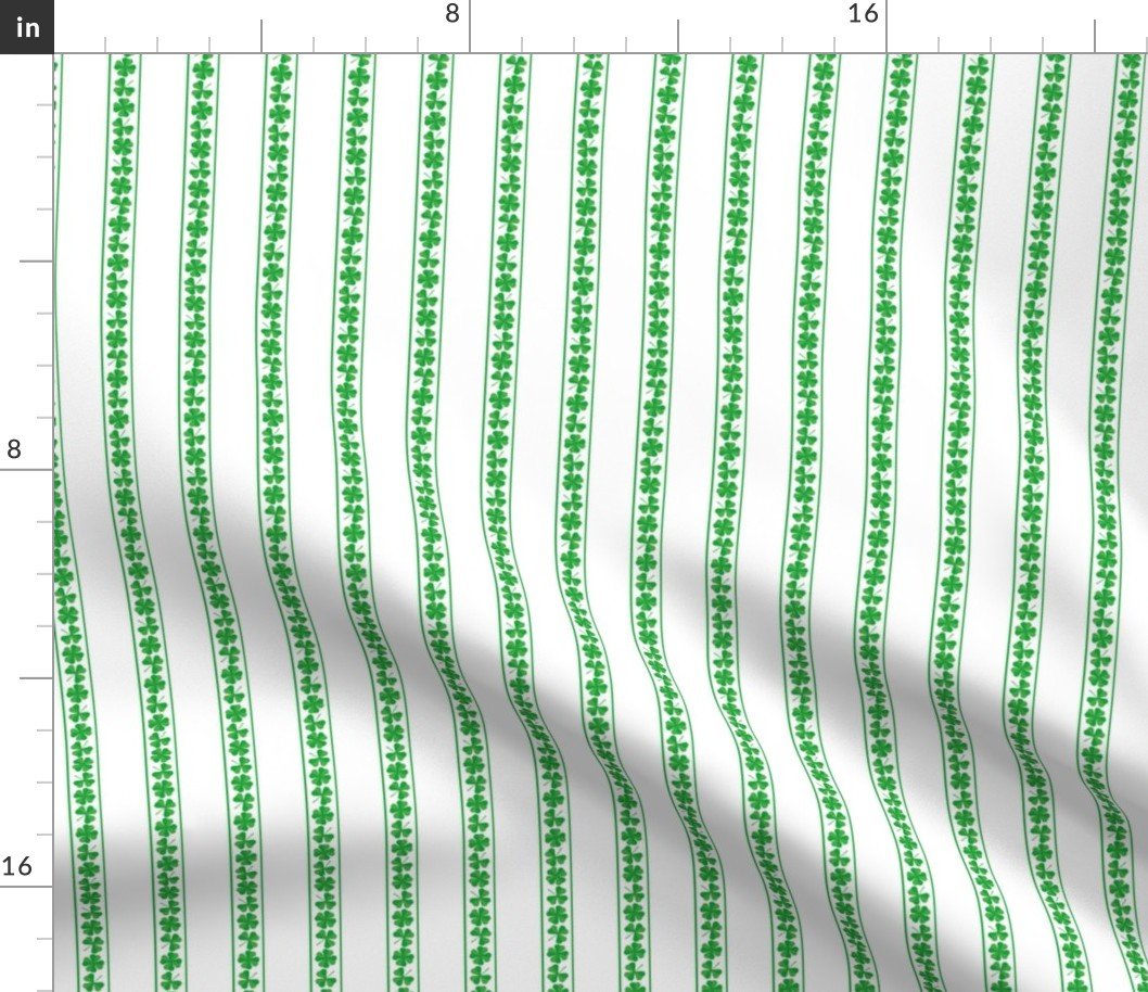 Small Single  Striped St. Patricks 3 and 4-Leafed Shamrocks in Kelly Green on White Fabric
