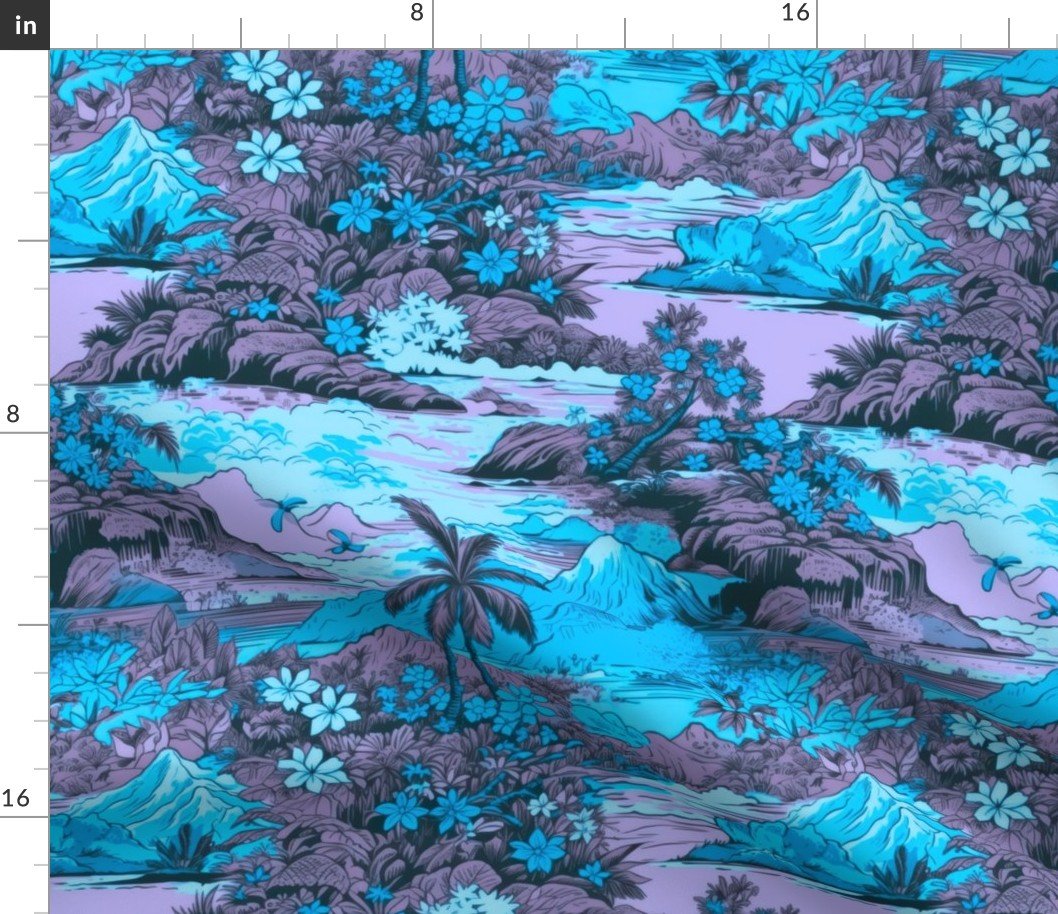 Small Vintage Hawaiian Landscape in Blue and Violet Fabric