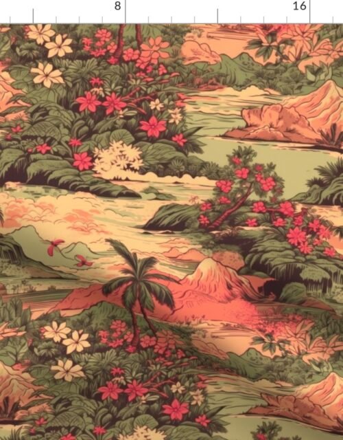 Small Vintage Hawaiian Landscape in Sage Green and Orange Fabric