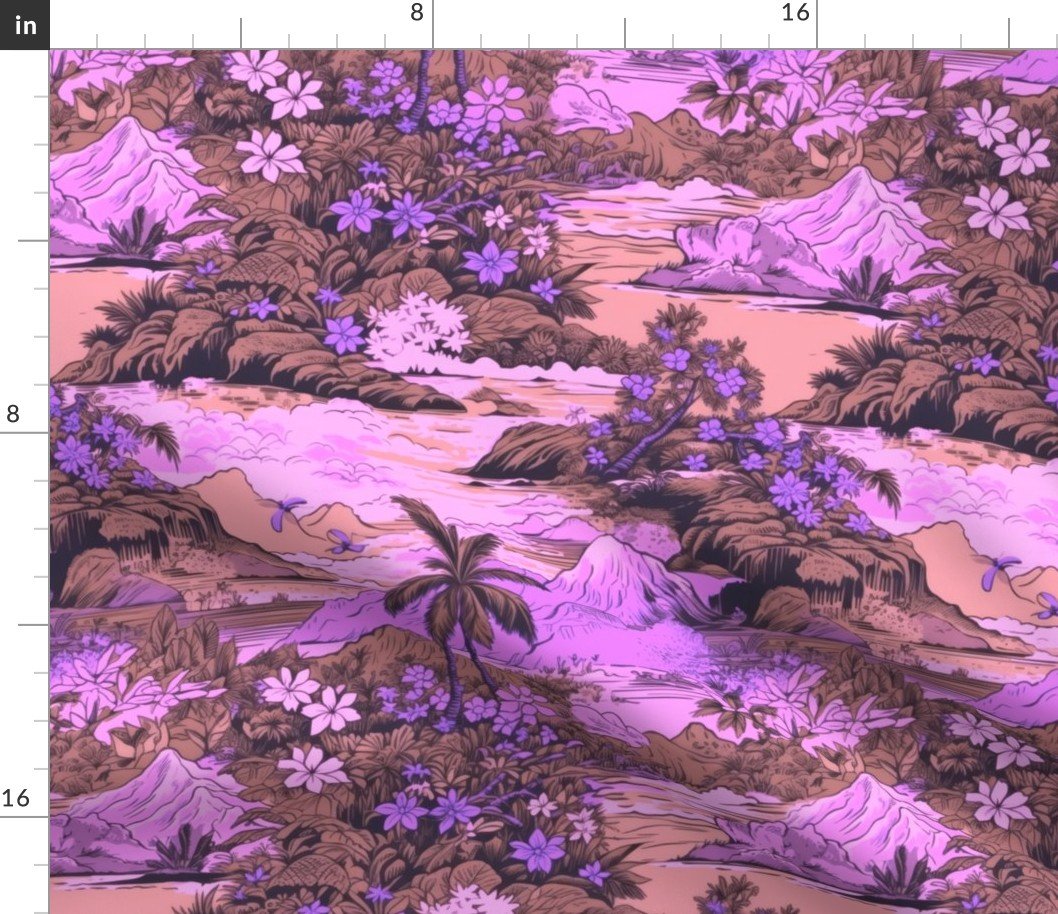 Small Vintage Hawaiian Landscape in Violet and Peach Fabric
