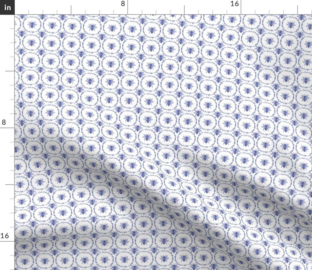 Small Vintage Shabby Chic Bees in Laurel Wreaths in Royal Blue on White Fabric