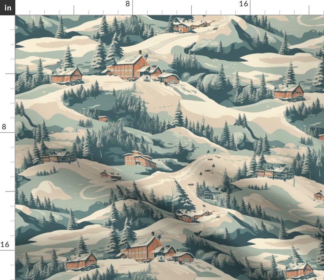 Small Vintage Ski Slope Cabins in Woods Blue Fabric