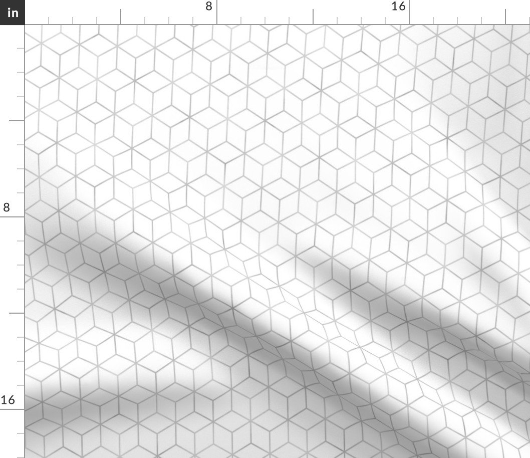 Small White  and Faux Metallic Silver Art Deco 3D Geometric Cubes Fabric