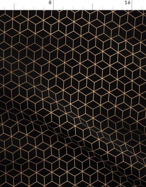 Small  Black and Faux Metallic Gold Art Deco 3D Geometric Cubes Fabric