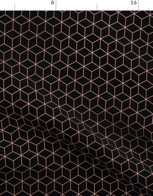 Small  Black and Faux Metallic Rose Gold Art Deco 3D Geometric Cubes Fabric